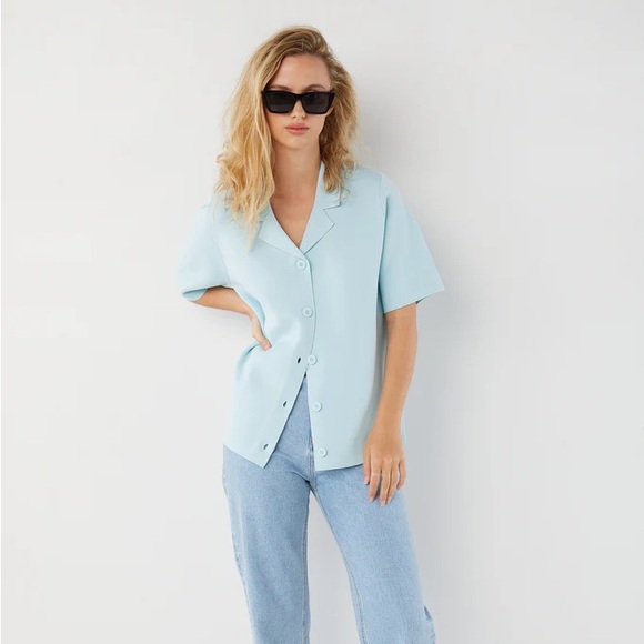 OAK + FORT Tops - Oak + Fort OVERSIZED COLLARED CARDIGAN Light Blue Button-Up